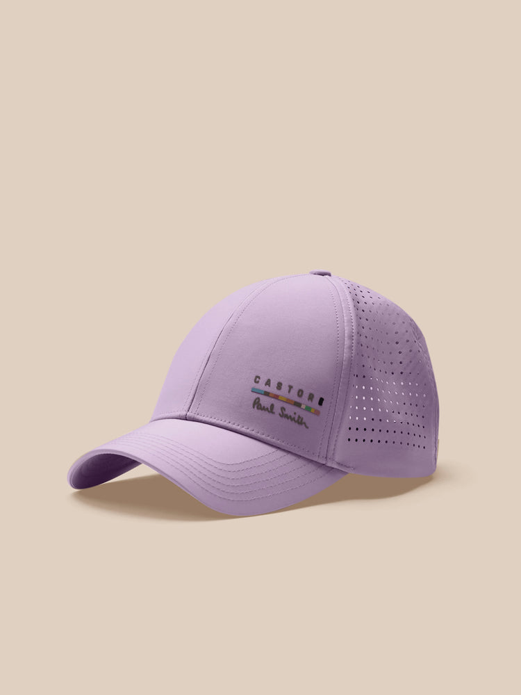 Purple baseball cap with brand logo on a beige background