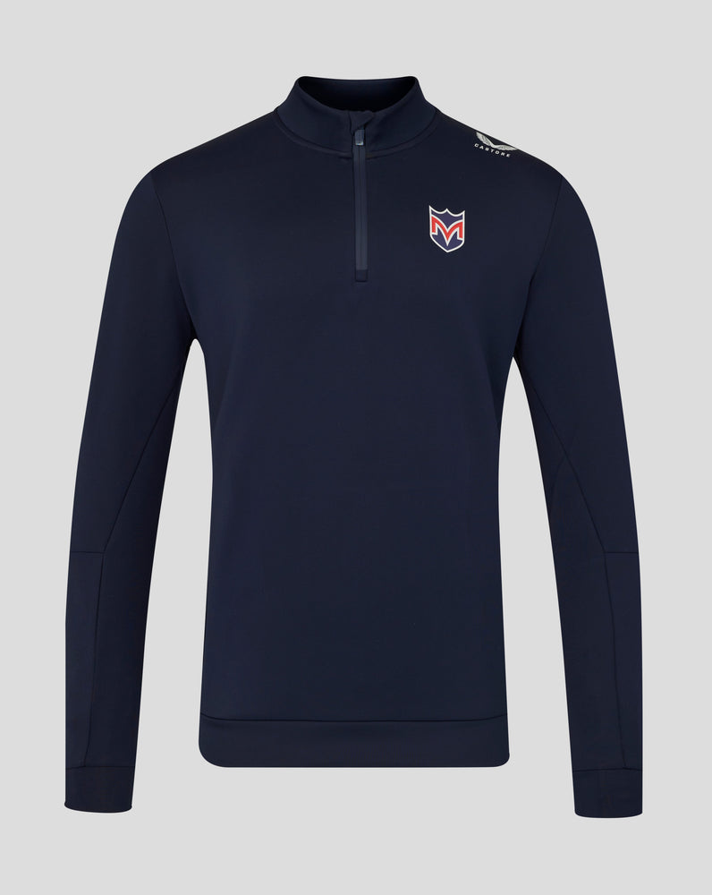 Navy long-sleeve shirt with a logo on a light gray background