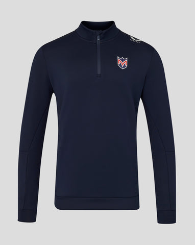 Navy long-sleeve shirt with a logo on a light gray background