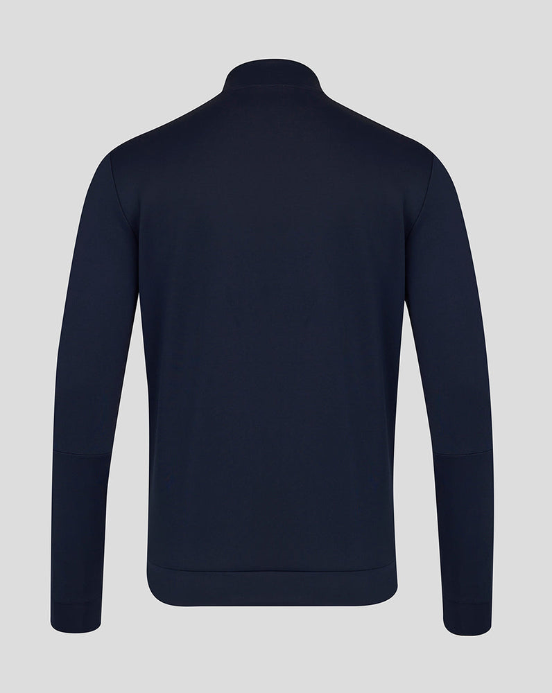 Navy blue half-zip jacket on a light gray background