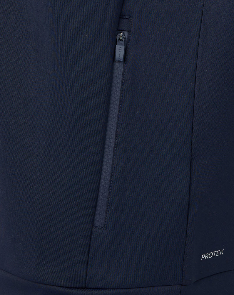Navy blue jacket with a zipper and 'PROTEK' branding on a matching background