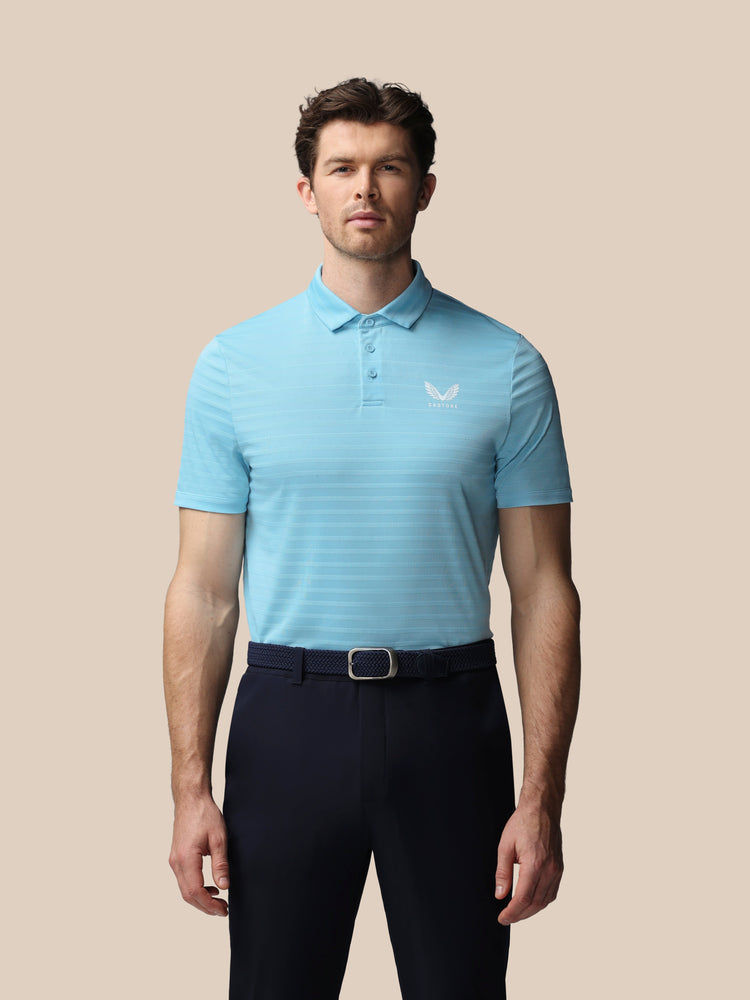 Men's Golf Pique Stripe Short Sleeve Polo Top - Sky Blue