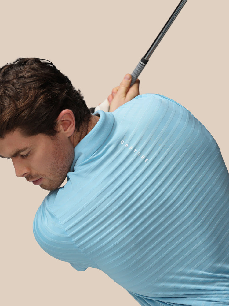 Men's Golf Pique Stripe Short Sleeve Polo Top - Sky Blue