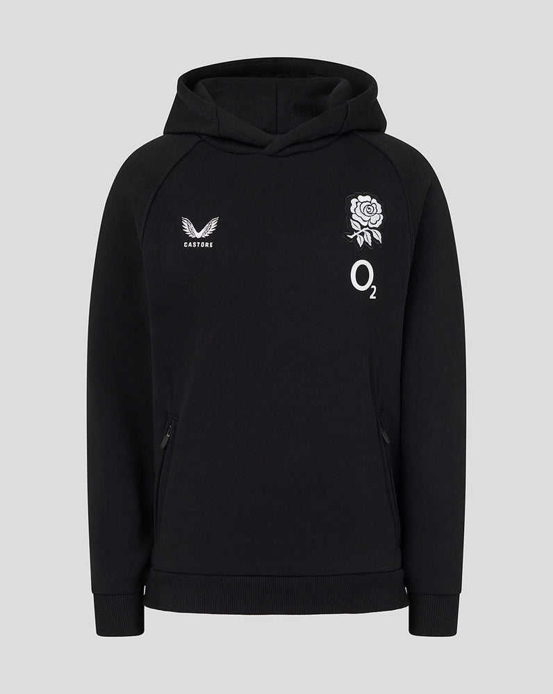 Black hoodie with white logos on a light gray background