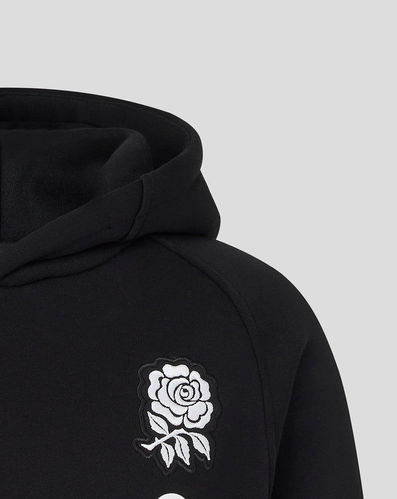 Black hoodie with a white rose design on a light gray background