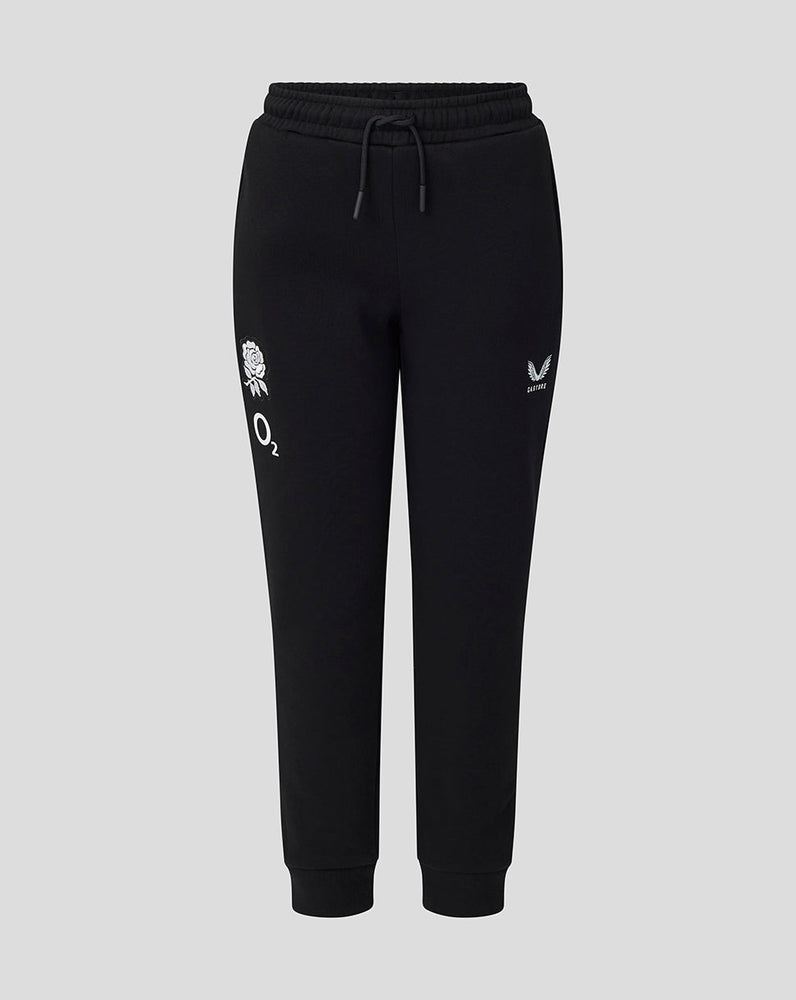 Black jogger pants with white logos on a light gray background