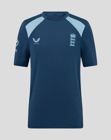Navy blue sports jersey with light blue accents on a gray background