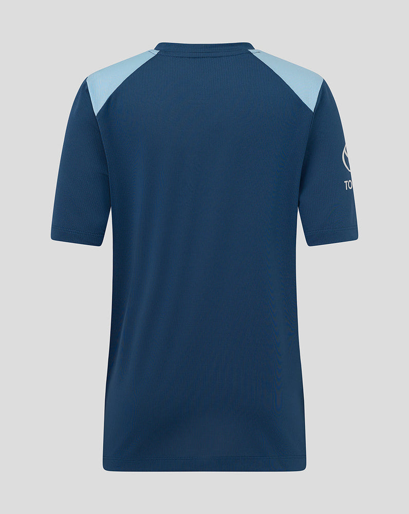 Navy blue sports jersey with light blue sleeves on a gray background