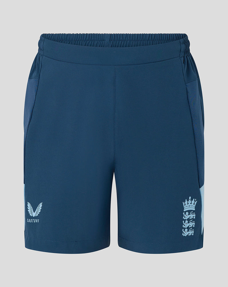 Navy blue shorts with white logos on a light gray background