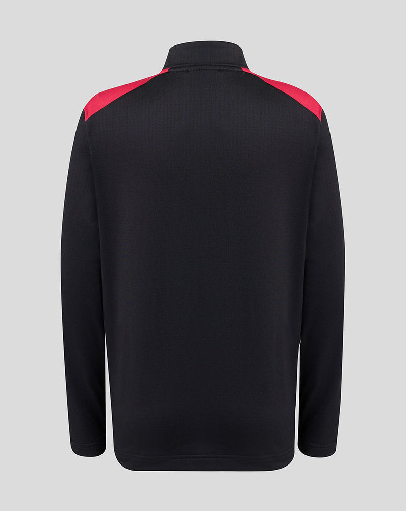 Black jacket with red accents on a gray background