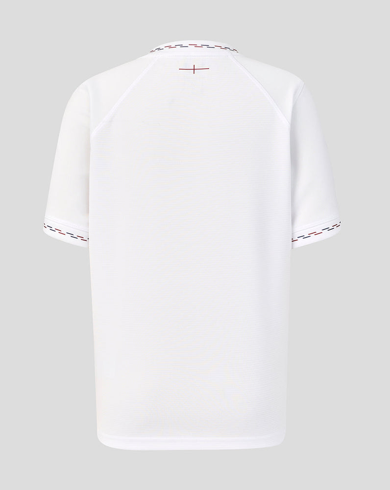 White t-shirt with red and black design on a gray background
