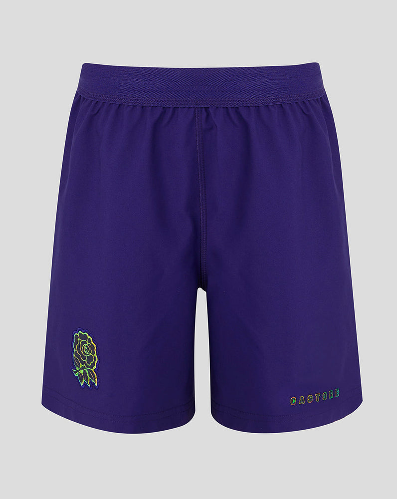 Purple shorts with a logo and text on a gray background