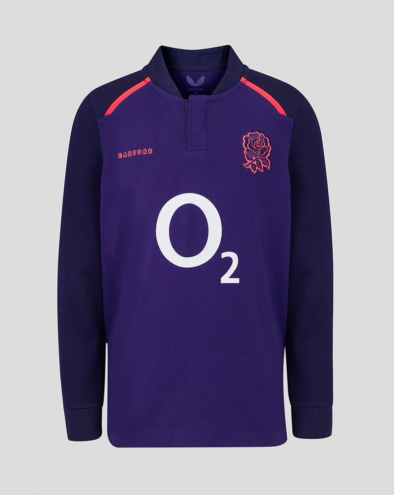Navy rugby jersey with red accents and O2 logo on a light gray background