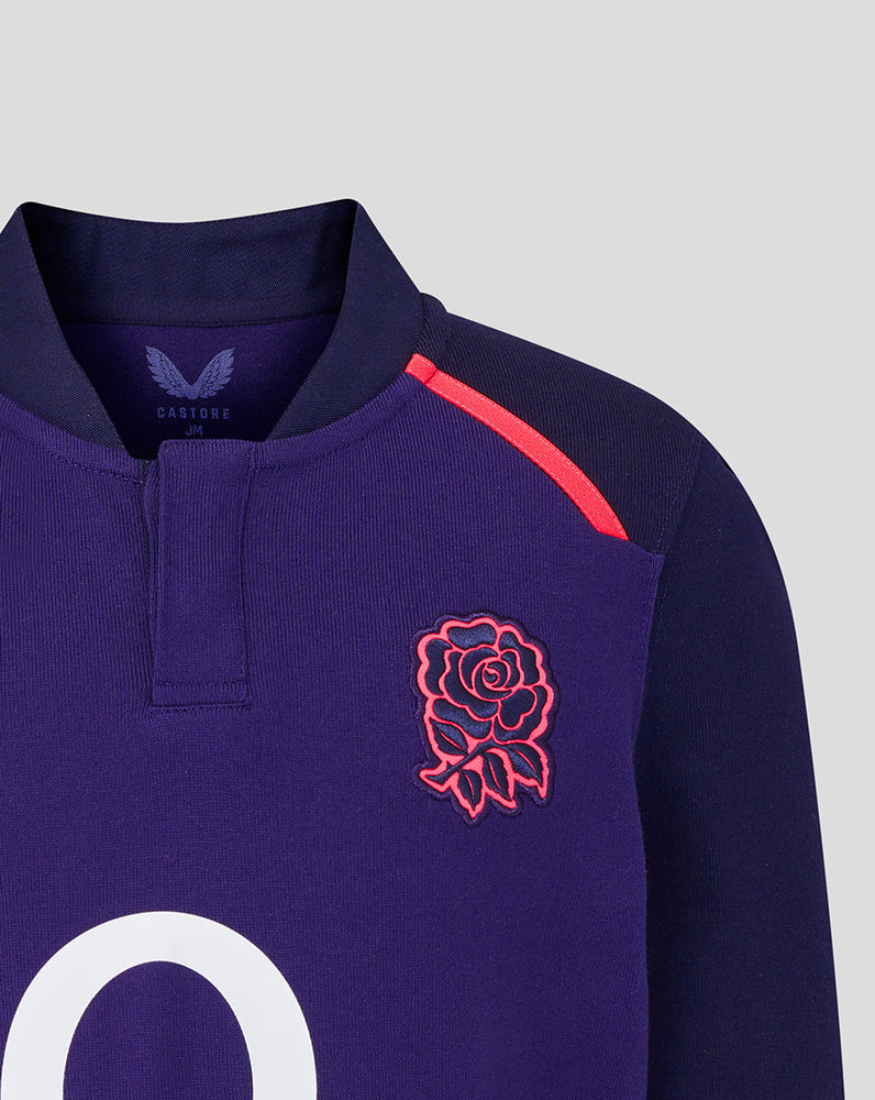 Navy rugby jersey with red rose emblem and white letter 'O2' on a light gray background