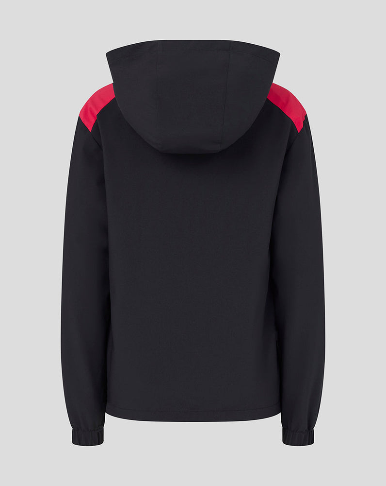 Black hoodie with red accents on a gray background