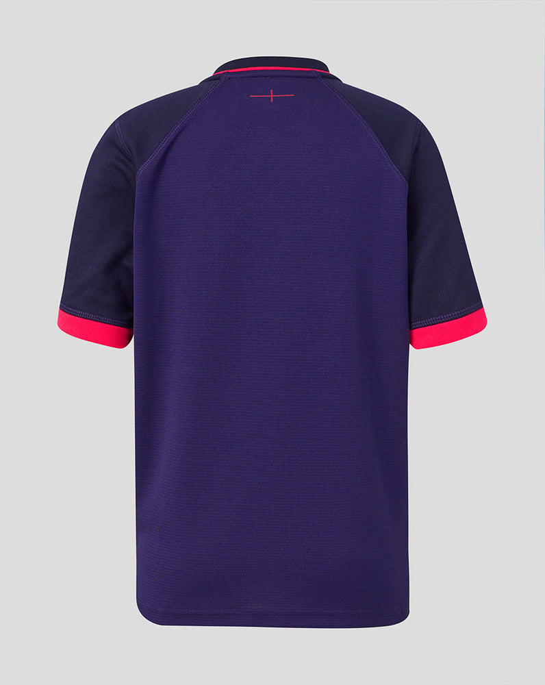 Navy blue sports jersey with red accents on a light gray background