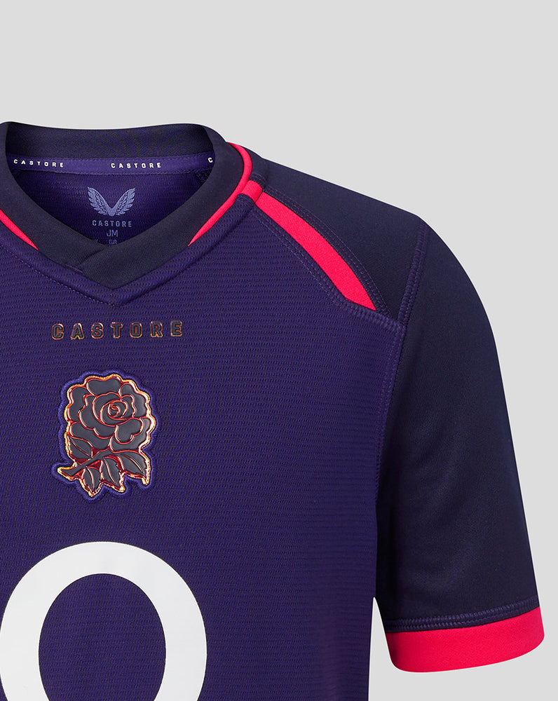 Navy sports jersey with red accents and a rose emblem on a gray background