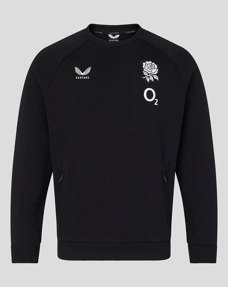 Black sweatshirt with logos on a gray background