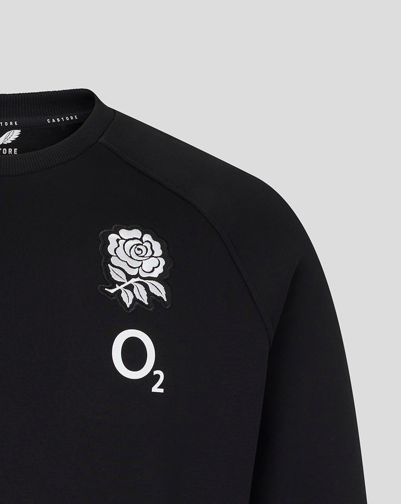 Black sweatshirt with white rose design and 'O2' logo on a light gray background