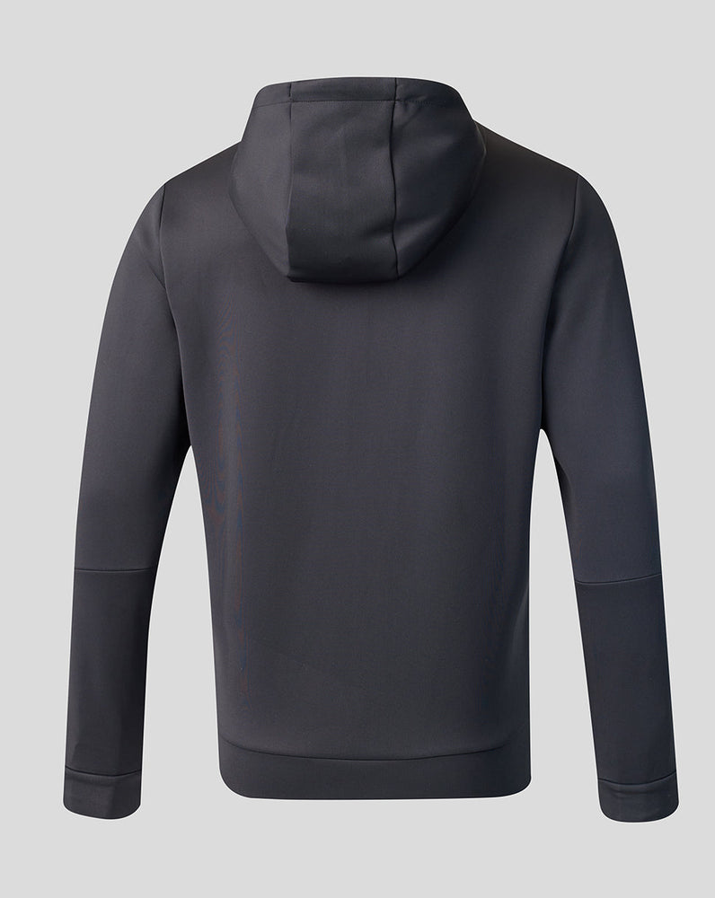 Dark gray hoodie shown from the back on a light gray background