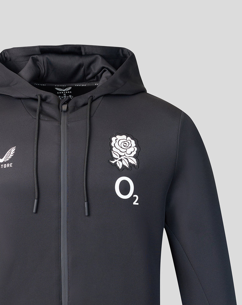 Black hoodie with rose and logo on a gray background