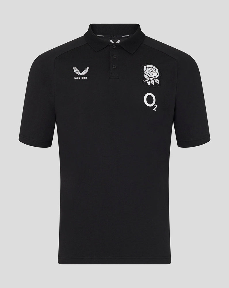 Black polo shirt with logos on a gray background