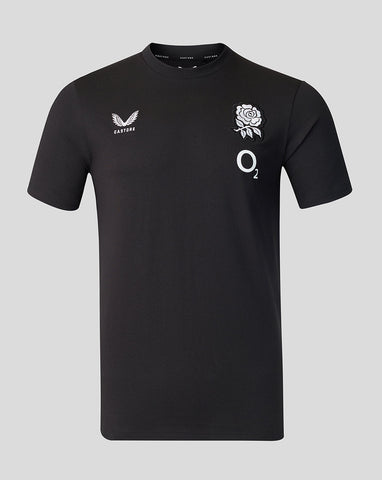 Black t-shirt with white logos on a gray background