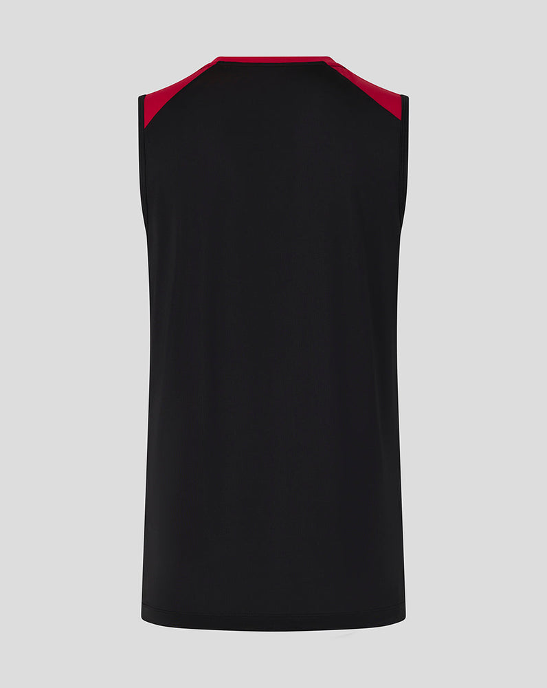 Black sleeveless shirt with red inner collar on a gray background