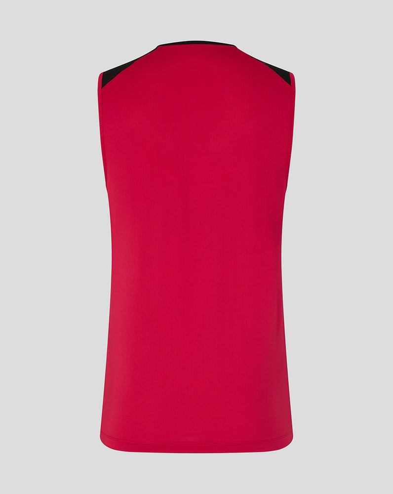 Red sleeveless top with black trim on a light gray background