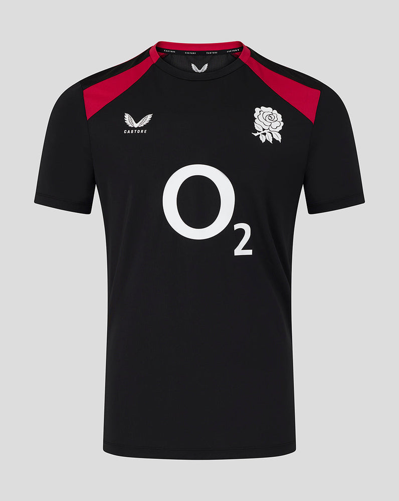 Black sports jersey with red accents and a logo on a gray background