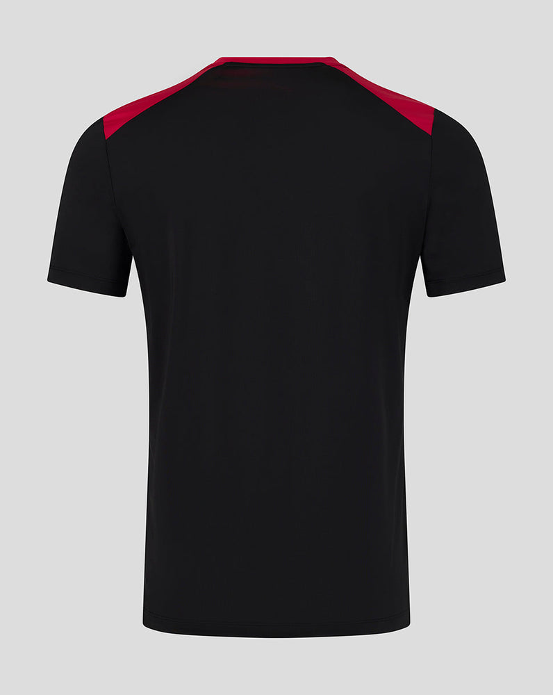 Black t-shirt with red accents on a gray background