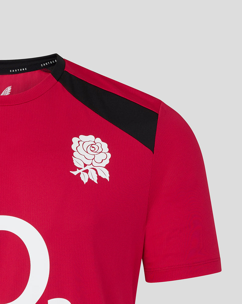 Red sports jersey with white logo on a gray background