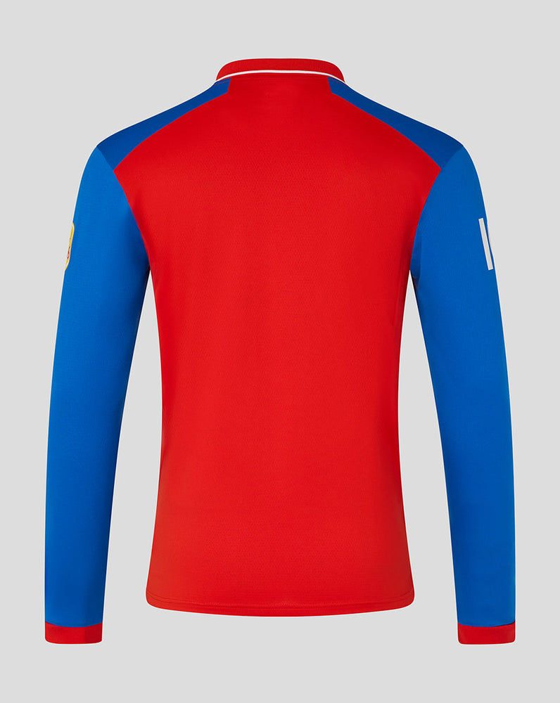 Red and blue long-sleeve shirt on a gray background