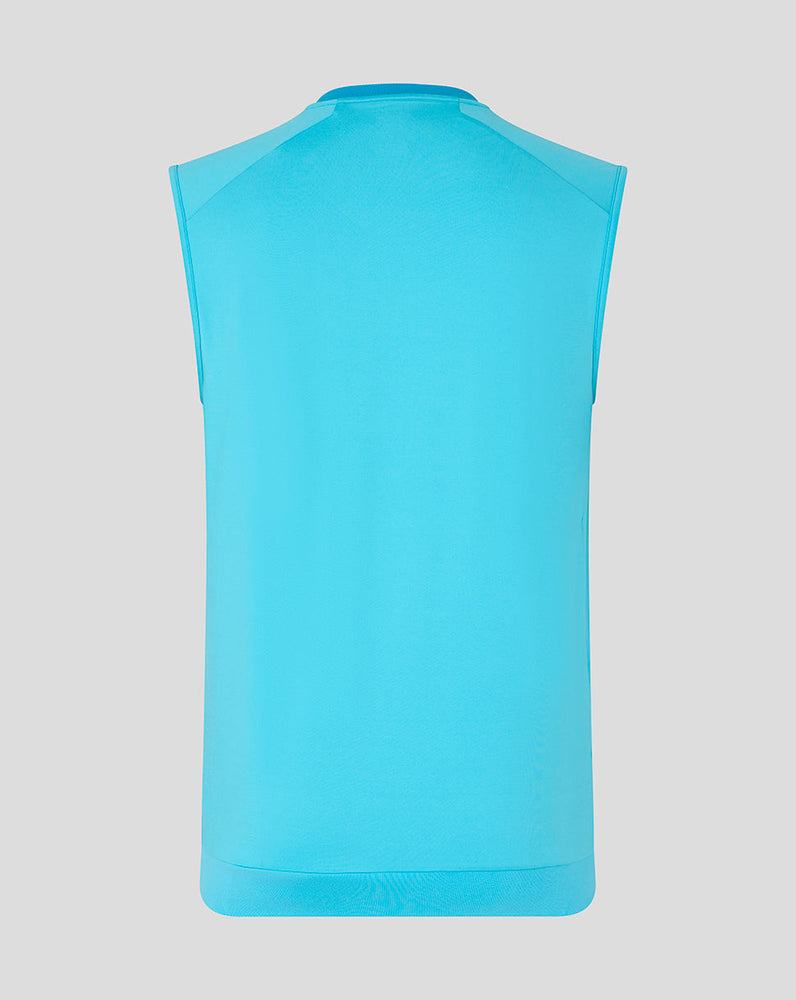 Blue sleeveless top on a light gray background