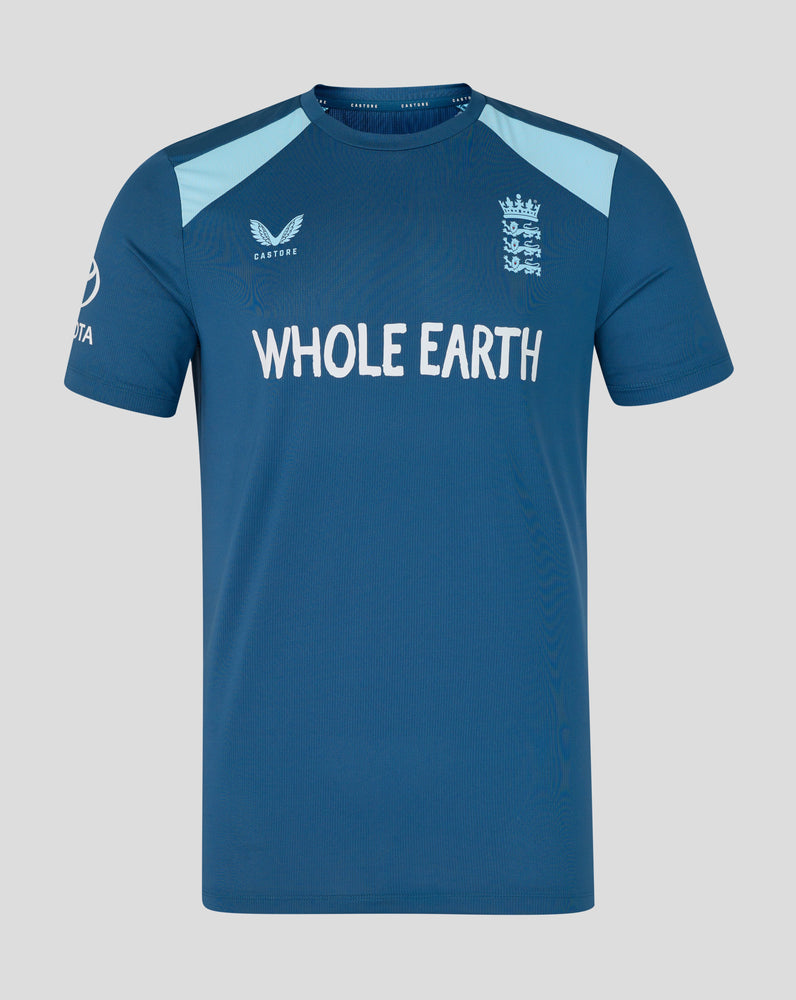 Blue sports jersey with 'Whole Earth' branding on a gray background