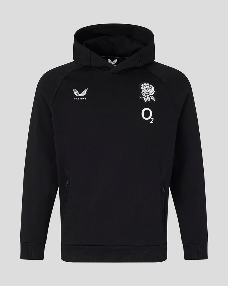 Black hoodie with logos on a gray background
