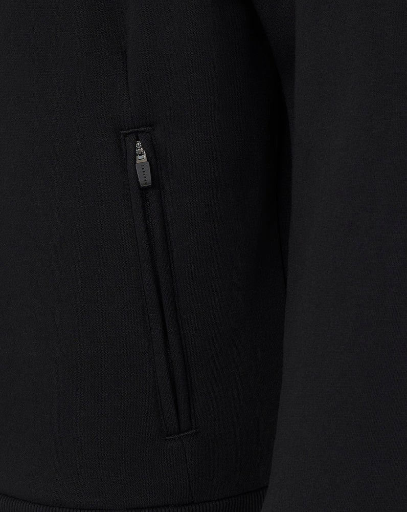 Close-up of a black hoodie with a zipper detail on a dark background