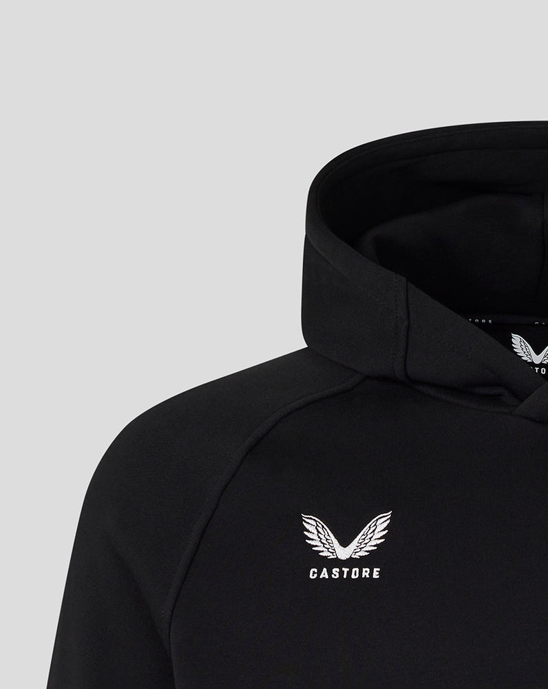 Black hoodie with a white logo and text on a light gray background