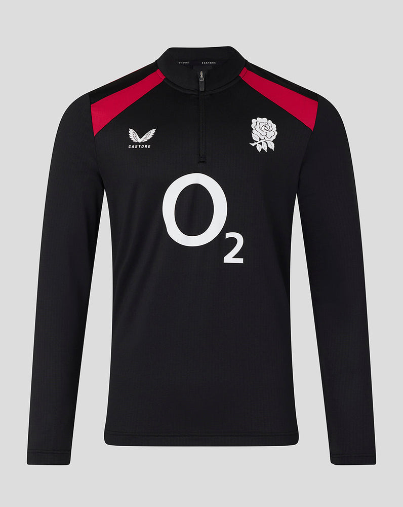 Black long-sleeve sports shirt with red accents and logos on a gray background