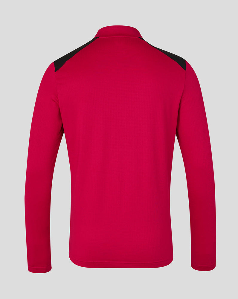 Red jacket with black accents on a gray background