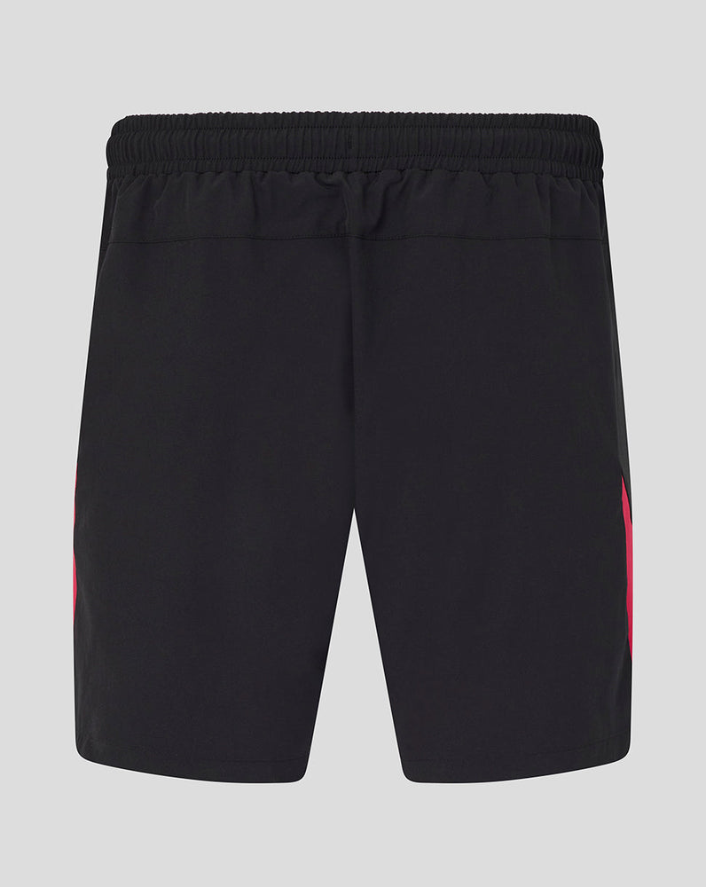 Black shorts with a red stripe on a light gray background