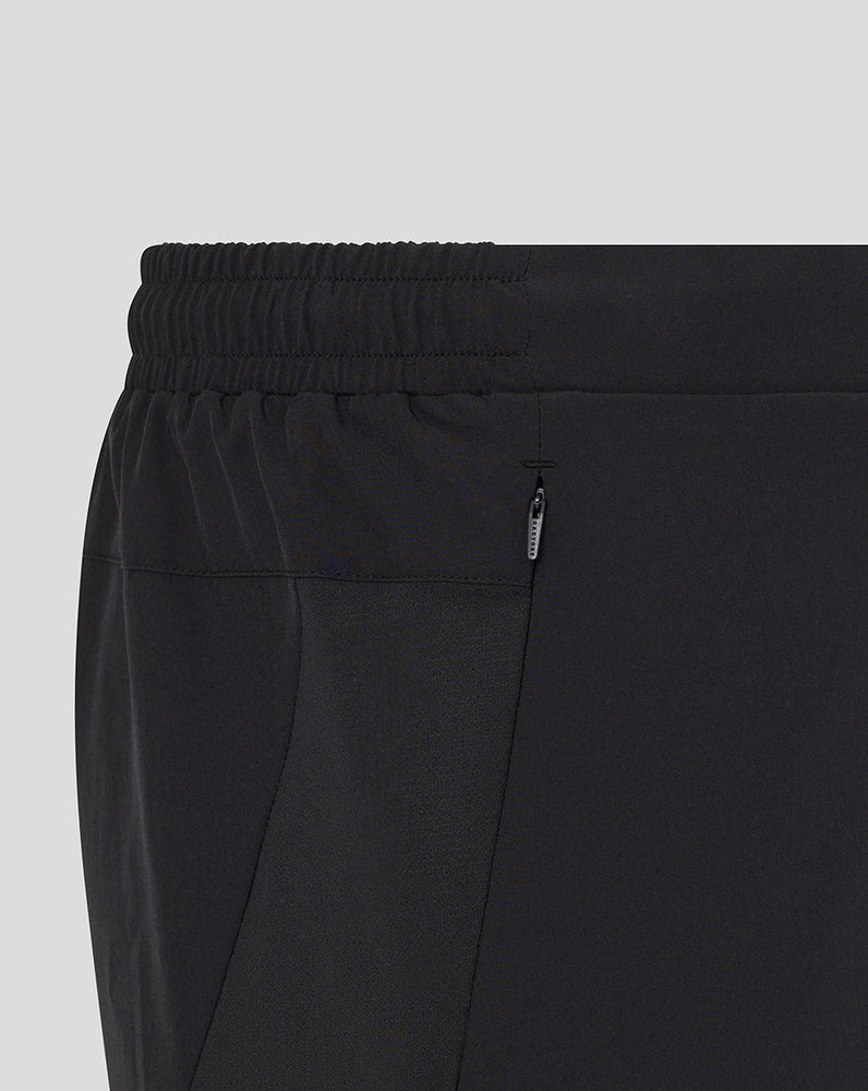 Close-up of black pants with a zipper on a light gray background