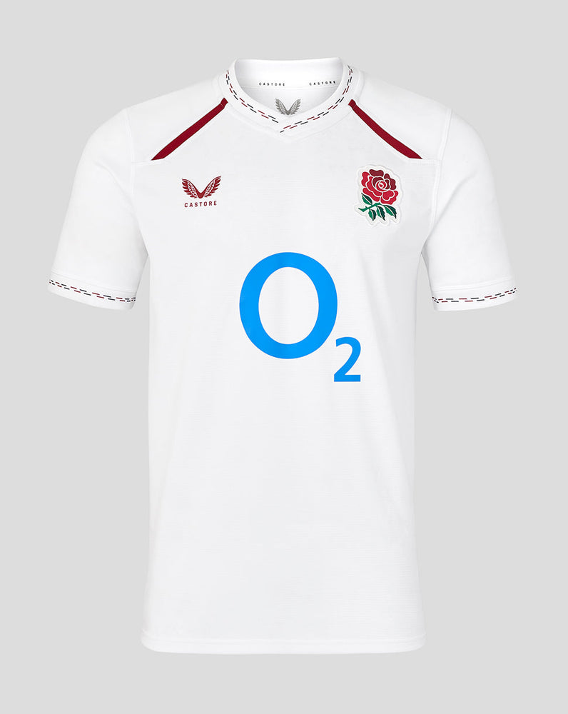 White sports jersey with red accents and branding on a gray background