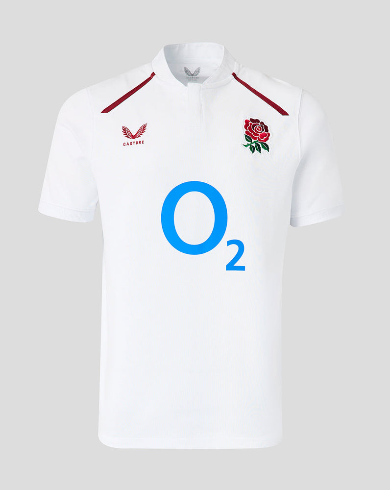 White sports jersey with red accents, a rose emblem, and 'O2' branding on a gray background