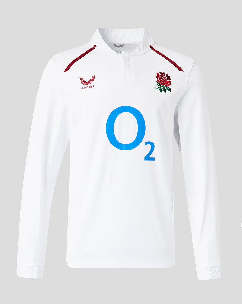 White sports jersey with red accents and branding on a gray background