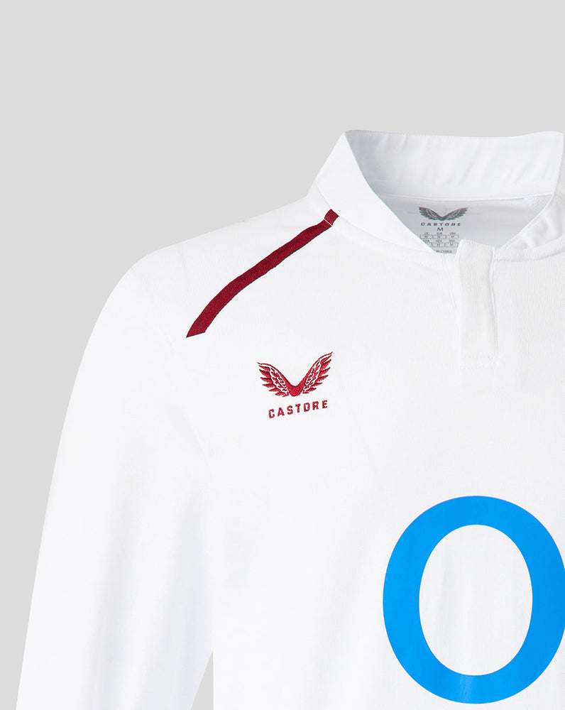 White rugby jersey with red accents and 'Castore' branding on a light gray background