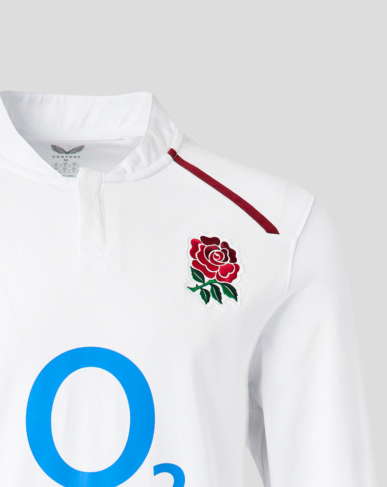 White sports jersey with a rose emblem and O2 logo on a white background