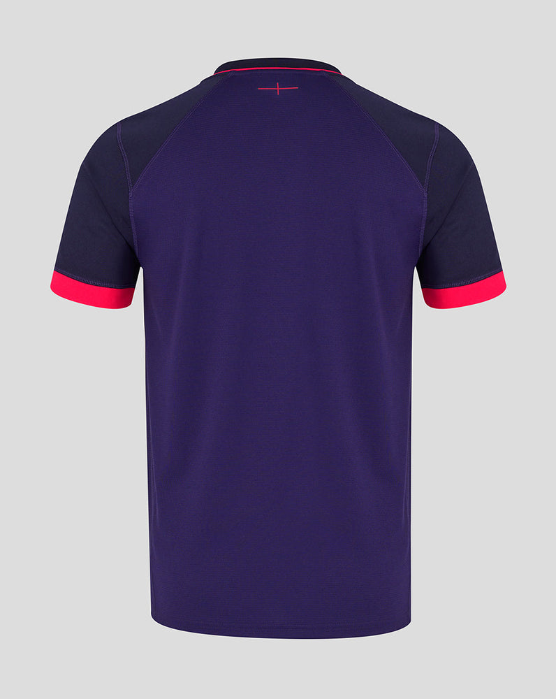 Navy blue sports jersey with red accents on a gray background