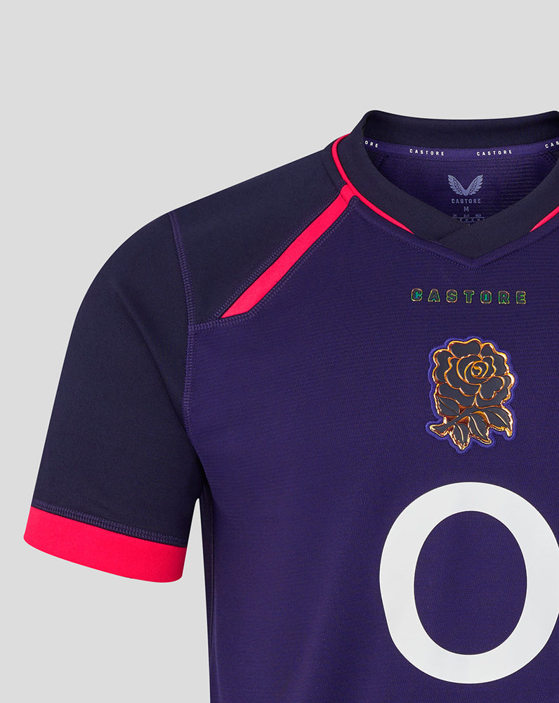 Navy sports jersey with red accents and a logo on a light gray background