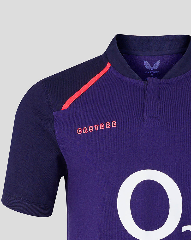 Purple rugby jersey with red accents and 'Castore' branding on a light gray background